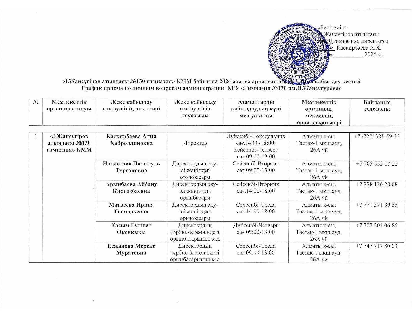 «І.Жансүгіров атындағы №130 гимназия» КММ бойынша 2024 жылға арналған азаматтарды қабылдау кестесі  График приема по личным вопросам администрации  КГ