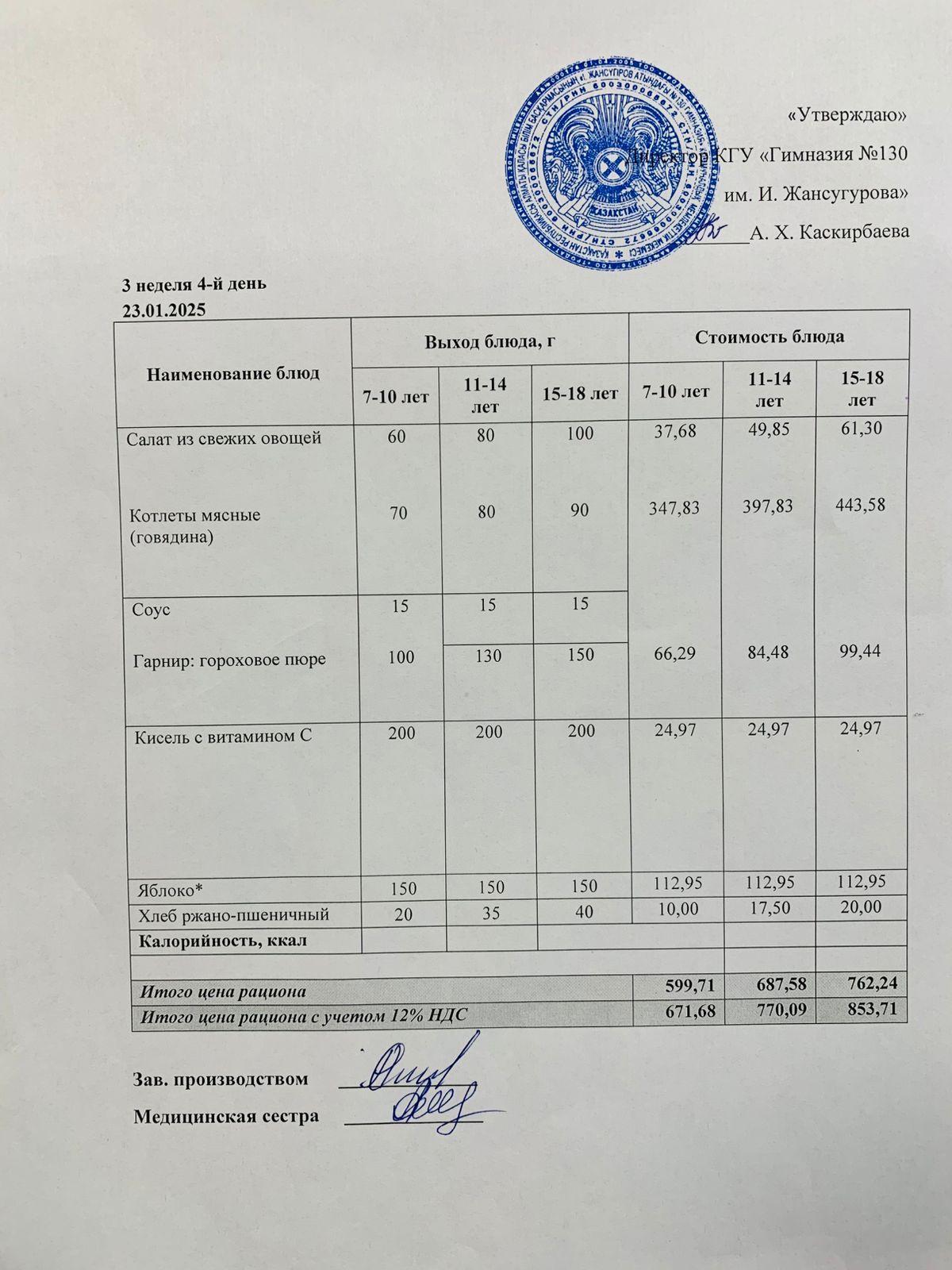 2025 жылдың 23 қаңтарға арналған Ас мәзірі